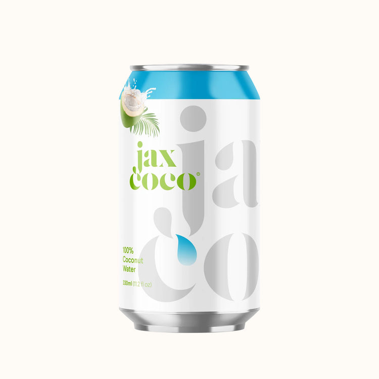 Wit met blauw blikje Jax Coco 100% kokoswater (330ml).