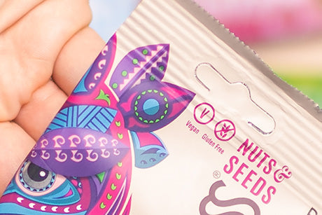 Vegan vermelding op gezonde snack van Boundless