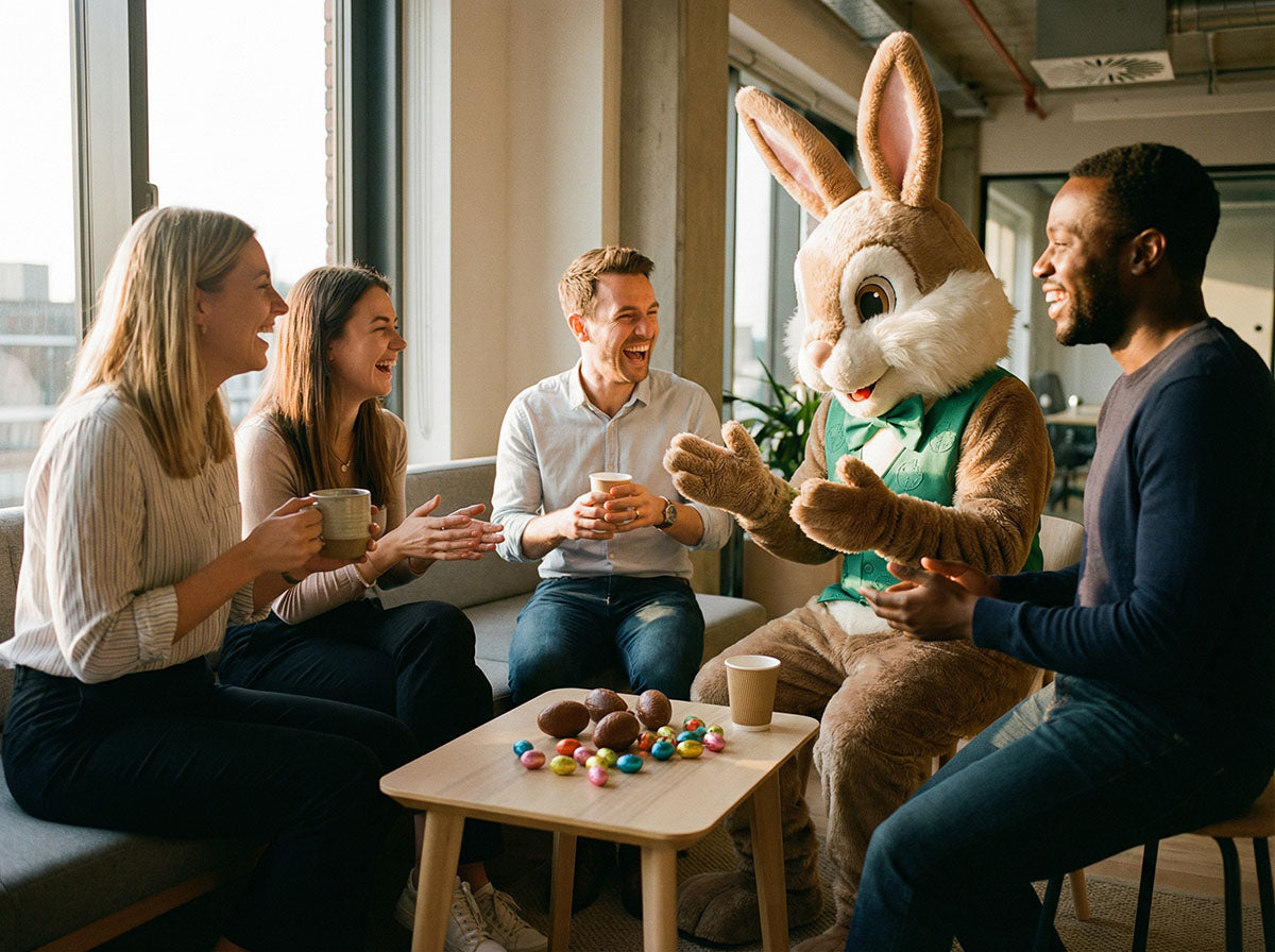 Divers team collega's lacht tijdens een koffiepauze met de paashaas en geniet van chocolade paaseitjes op kantoor – sfeerbeeld voor een origineel zakelijk paasgeschenk.