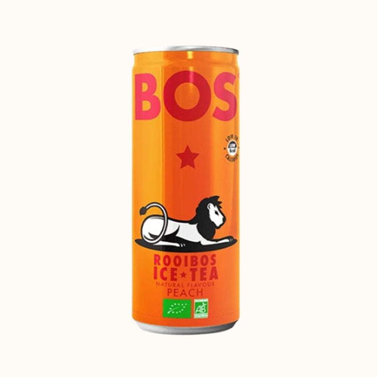 BOS Rooibos Ice Tea Peach biologisch blikje op witte achtergrond