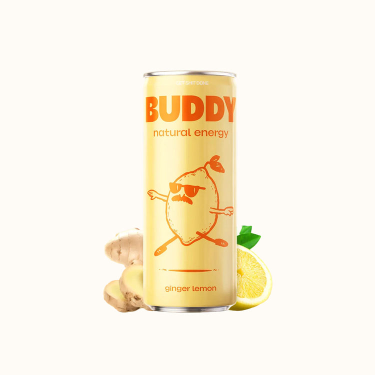 Buddy natural energy Ginger Lemon blikje op witte achtergrond