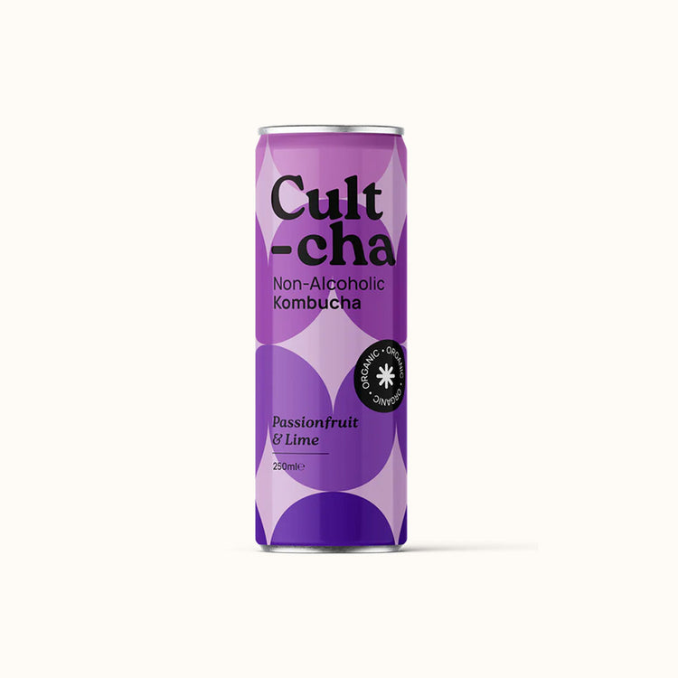 Cultcha non-alcoholic Kombucha Passionfruit & Lime blikje op witte achtergrond