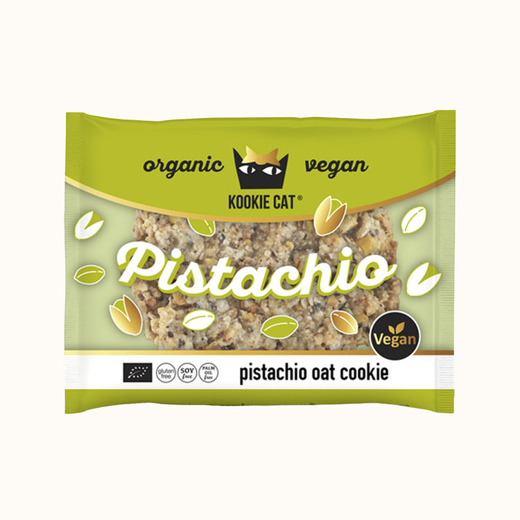 Kookie Cat Pistachio oat cookie, biologisch en vegan op witte achtergrond