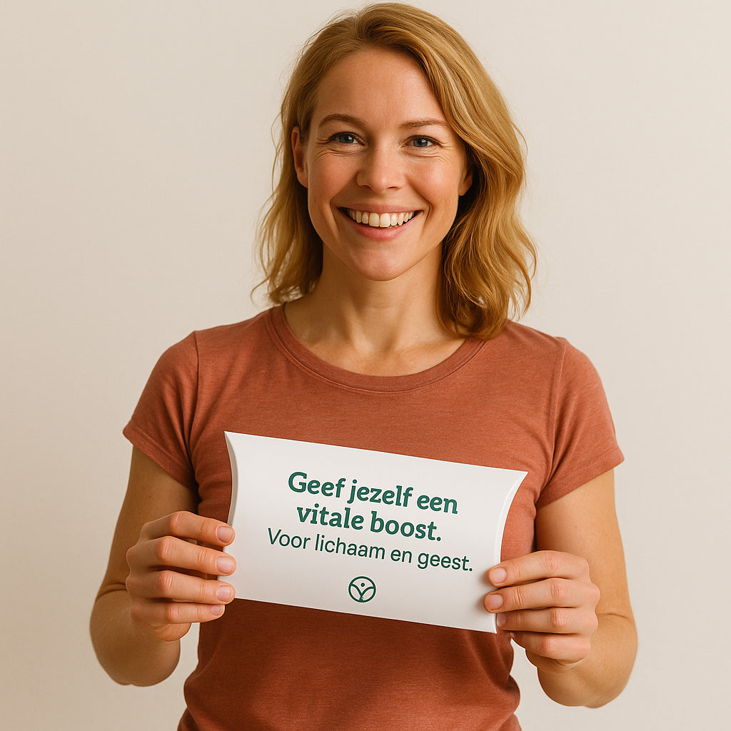 Lachende vrouw houdt een wit gondeldoosje vast met de tekst 'Geef jezelf een vitale boost. Voor lichaam en geest.', passend bij de Week van de Vitaliteit.