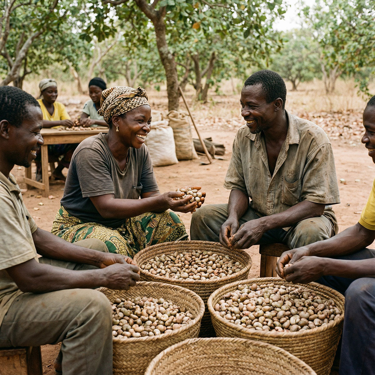 Lachende boeren selecteren handmatig verse cashewnoten. Een voorbeeld van een eerlijke keten (fair chain) waarbij beter snacken zorgt voor directe sociale impact bij de makers.