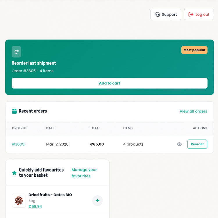 Screenshot van het JustBite online portaal met de handige reorder-functie en favorietenlijst. Omdat we beter snacken makkelijk maken, bestel je de favoriete snacks van je team met één simpele klik opnieuw.