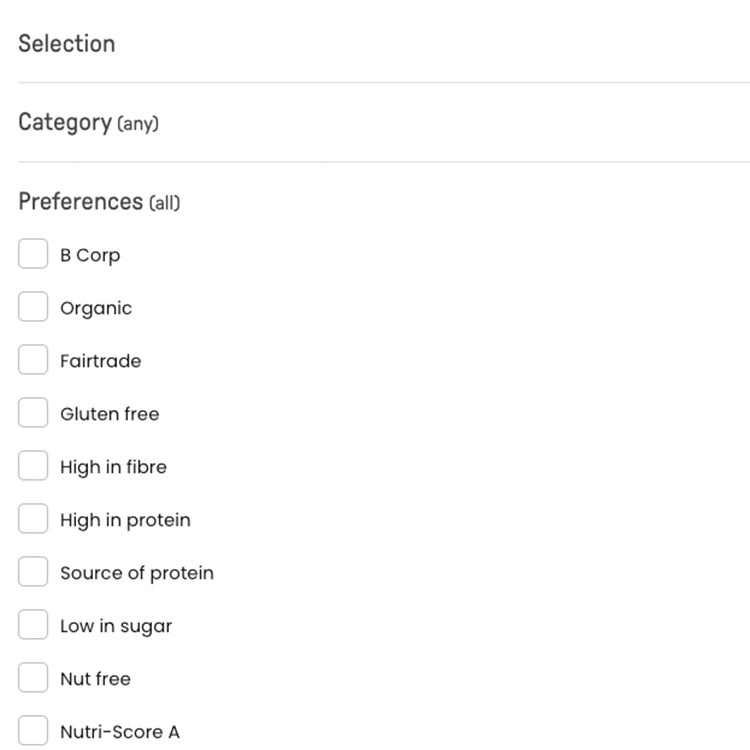 Screenshot van de slimme filters in het JustBite portaal, met opties zoals B Corp, biologisch en laag in suiker. Dit is onze SnackCheck in actie: we maken beter snacken makkelijk door je zelf de regie te geven over jouw bewuste keuzes.